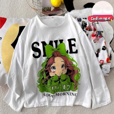 Bộ Đồ Ngủ Nữ Tay Dài Vải Mây Cotton Đệm Ngực, Form Rộng Size Lớn, Họa Tiết Hoạt Hình Dễ Thương, Giá 105k