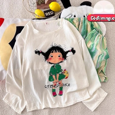 Bộ Đồ Ngủ Nữ Tay Dài Vải Mây Cotton Đệm Ngực, Form Rộng Size Lớn, Họa Tiết Hoạt Hình Dễ Thương, Giá 105k
