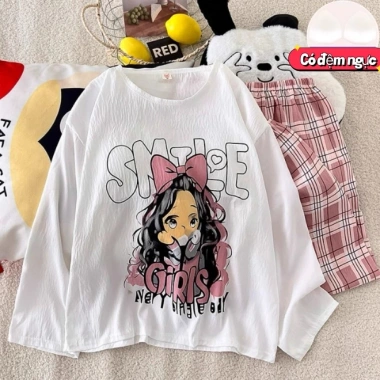 Bộ Đồ Ngủ Nữ Tay Dài Vải Mây Cotton Đệm Ngực, Form Rộng Size Lớn, Họa Tiết Hoạt Hình Dễ Thương, Giá 105k
