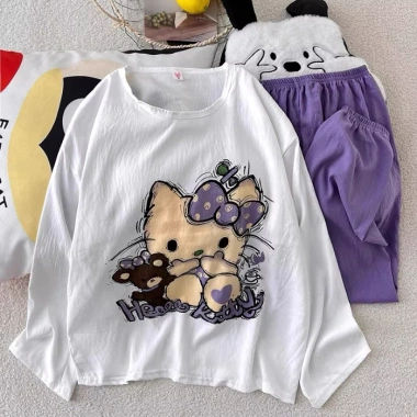 Bộ Đồ Ngủ Nữ Tay Dài Vải Mây Cotton Đệm Ngực, Form Rộng Size Lớn, Họa Tiết Hoạt Hình Dễ Thương, Giá 105k