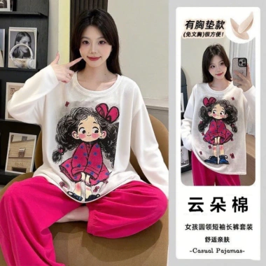 Bộ Đồ Ngủ Nữ Tay Dài Vải Mây Cotton Đệm Ngực, Form Rộng Size Lớn, Họa Tiết Hoạt Hình Dễ Thương, Giá 105k