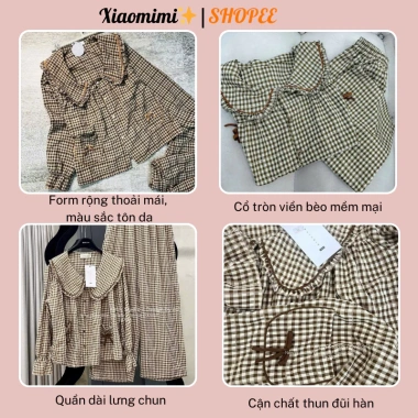 Bộ đồ ngủ nữ thu đông tay dài cổ sen, túi đính nơ, quần dài caro - Giá chỉ 289k
