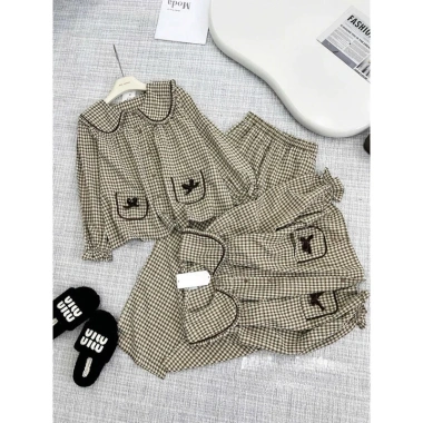 Bộ đồ ngủ nữ thu đông tay dài cổ sen, túi đính nơ, quần dài caro - Giá chỉ 289k