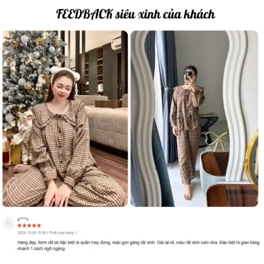 Bộ đồ ngủ nữ thu đông tay dài cổ sen, túi đính nơ, quần dài caro - Giá chỉ 289k