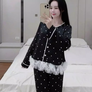 Bộ Đồ Ngủ Pijama Nữ Cao Cấp Tay Dài Quần Dài Lụa Mịn Chấm Bi - Giá 209.000 VND 3