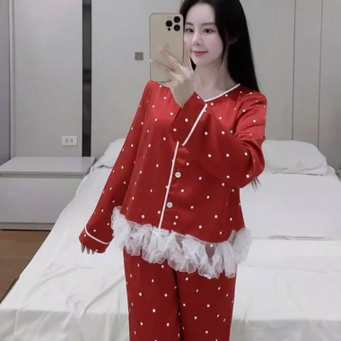 Bộ Đồ Ngủ Pijama Nữ Cao Cấp Tay Dài Quần Dài Lụa Mịn Chấm Bi - Giá 209.000 VND 5