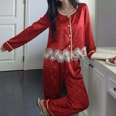 Bộ Đồ Ngủ Pijama Nữ Cao Cấp Tay Dài Quần Dài Lụa Mịn Chấm Bi - Giá 209.000 VND 9