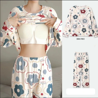 Bộ Đồ Ngủ Plus Nữ Kích Thước Lớn Có Lót Ngực, Phong Cách Ôm Tay Dài Dễ Thương, 190k