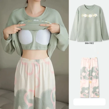 Bộ Đồ Ngủ Plus Nữ Kích Thước Lớn Có Lót Ngực, Phong Cách Ôm Tay Dài Dễ Thương, 190k