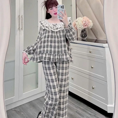 Bộ đồ ngủ Sammy DDCR02 kẻ caro, cổ ren 2 tầng, chất đũi nhung cho nữ - Giá 165k