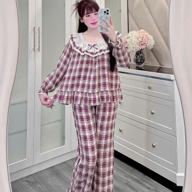 Bộ đồ ngủ Sammy DDCR02 kẻ caro, cổ ren 2 tầng, chất đũi nhung cho nữ - Giá 165k