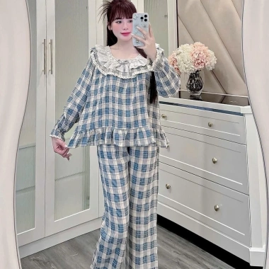 Bộ đồ ngủ Sammy DDCR02 kẻ caro, cổ ren 2 tầng, chất đũi nhung cho nữ - Giá 165k