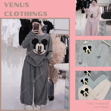 Bộ đồ nhà nữ sọc ngang tay, quần rộng in Mickey – Tiểu thư dễ thương giá 259k
