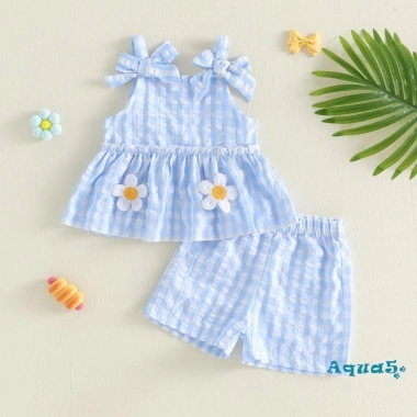 Bộ Đồ Nữ Aqua Toddler Mùa Hè - Áo Bơ Thêu Hoa, Kẻ Sọc, Nơ, Không Tay + Quần Short Co Giãn Eo - 2 Chiếc