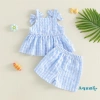 Bộ Đồ Nữ Aqua Toddler Mùa Hè - Áo Bơ Thêu Hoa, Kẻ Sọc, Nơ, Không Tay + Quần Short Co Giãn Eo - 2 Chiếc 5