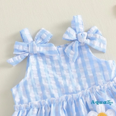 Bộ Đồ Nữ Aqua Toddler Mùa Hè - Áo Bơ Thêu Hoa, Kẻ Sọc, Nơ, Không Tay + Quần Short Co Giãn Eo - 2 Chiếc