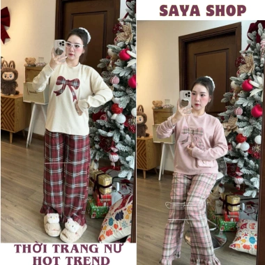Bộ đồ nữ cotton nơ mix, quần kẻ ống xuông siêu thời trang - SaYa Shop hcom3.510, chỉ 269k
