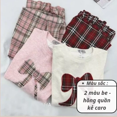 Bộ đồ nữ cotton nơ mix, quần kẻ ống xuông siêu thời trang - SaYa Shop hcom3.510, chỉ 269k