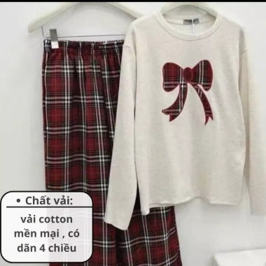 Bộ đồ nữ cotton nơ mix, quần kẻ ống xuông siêu thời trang - SaYa Shop hcom3.510, chỉ 269k