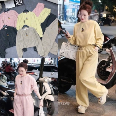 Bộ Đồ Nữ Len Thỏ Mickey Áo Dài Tay Lỡ Dây Rút Gấu và Quần Dài Ống Rộng Bo Chun