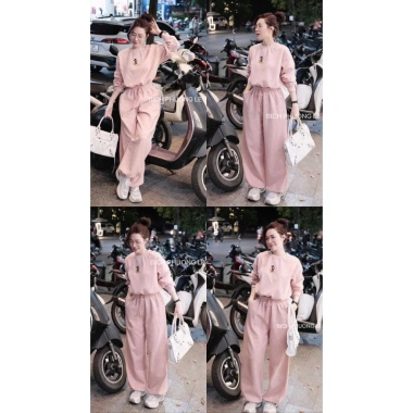 Bộ Đồ Nữ Len Thỏ Mickey Áo Dài Tay Lỡ Dây Rút Gấu và Quần Dài Ống Rộng Bo Chun