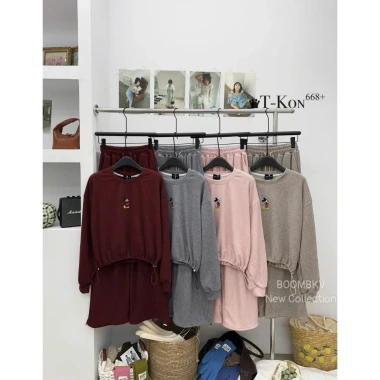 Bộ Đồ Nữ Len Thỏ Mickey Áo Dài Tay Lỡ Dây Rút Gấu và Quần Dài Ống Rộng Bo Chun