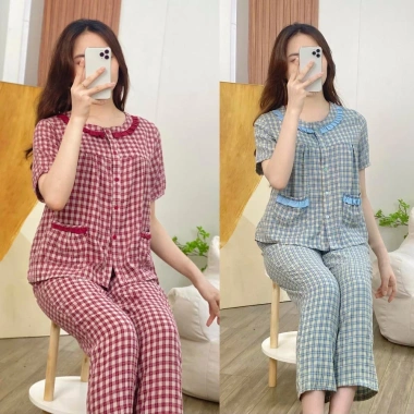 Bộ đồ nữ Luci mặc nhà ngắn tay, bèo kẻ caro cao cấp, mềm mịn, thoáng mát - chỉ 229k 2