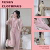 Bộ đồ nữ mặc nhà thu đông màu hồng, cổ nút thun lạnh mềm mát, quần dài bo ống rộng