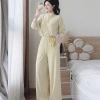 Bộ đồ nữ mặc nhà thu đông màu hồng, cổ nút thun lạnh mềm mát, quần dài bo ống rộng 2