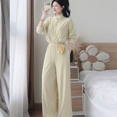 Bộ đồ nữ mặc nhà thu đông màu hồng, cổ nút thun lạnh mềm mát, quần dài bo ống rộng 2
