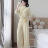 Bộ đồ nữ mặc nhà thu đông màu hồng, cổ nút thun lạnh mềm mát, quần dài bo ống rộng 4
