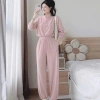 Bộ đồ nữ mặc nhà thu đông màu hồng, cổ nút thun lạnh mềm mát, quần dài bo ống rộng 5
