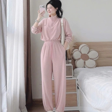 Bộ đồ nữ mặc nhà thu đông màu hồng, cổ nút thun lạnh mềm mát, quần dài bo ống rộng 5