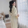 Bộ đồ nữ mặc nhà thu đông màu hồng, cổ nút thun lạnh mềm mát, quần dài bo ống rộng 6