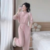 Bộ đồ nữ mặc nhà thu đông màu hồng, cổ nút thun lạnh mềm mát, quần dài bo ống rộng 7