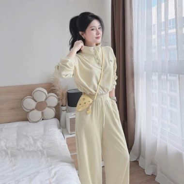 Bộ đồ nữ mặc nhà thu đông màu hồng, cổ nút thun lạnh mềm mát, quần dài bo ống rộng 8