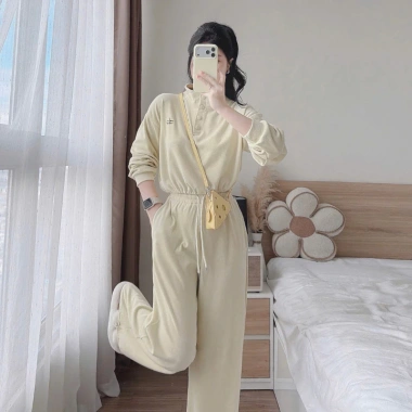 Bộ đồ nữ mặc nhà thu đông màu hồng, cổ nút thun lạnh mềm mát, quần dài bo ống rộng 9