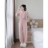 Bộ đồ nữ mặc nhà thu đông màu hồng, cổ nút thun lạnh mềm mát, quần dài bo ống rộng 10