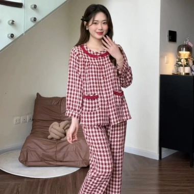 Bộ đồ Pijama P18 nữ kẻ caro SUNA cổ nhún bèo, cotton mềm mịn, thấm hút mồ hôi - 259.000₫ 2