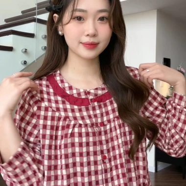 Bộ đồ Pijama P18 nữ kẻ caro SUNA cổ nhún bèo, cotton mềm mịn, thấm hút mồ hôi - 259.000₫ 4