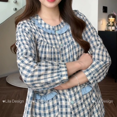 Bộ đồ Pijama P18 nữ kẻ caro SUNA cổ nhún bèo, cotton mềm mịn, thấm hút mồ hôi - 259.000₫ 5