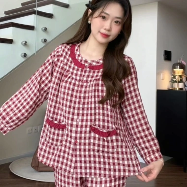 Bộ đồ Pijama P18 nữ kẻ caro SUNA cổ nhún bèo, cotton mềm mịn, thấm hút mồ hôi - 259.000₫ 6