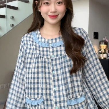 Bộ đồ Pijama P18 nữ kẻ caro SUNA cổ nhún bèo, cotton mềm mịn, thấm hút mồ hôi - 259.000₫ 7