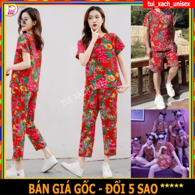 Bộ Đồ Thể Thao Unisex K1 Hoa Lá Cành - Áo Thun Tay Ngắn Cổ Tròn, Quần Ống Rộng Thêu In Hoa Con Công, Giá chỉ 69.000₫
