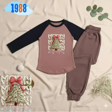 Bộ đồ thun dài tay Giáng Sinh bé gái - Áo nâu tay đen cotton, quần nỉ tăm dày dặn, giá ưu đãi 192.000 7