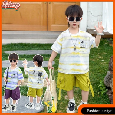 Bộ đồ trẻ em bé trai phong cách Hàn Quốc, áo ngắn tay in vui vẻ và quần short