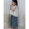 Bộ đồ Vest ren bé gái mùa hè phong cách Hàn Quốc, áo sơ mi + quần jean rộng, giảm giá, chỉ 194.148đ