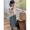 Bộ đồ Vest ren bé gái mùa hè phong cách Hàn Quốc, áo sơ mi + quần jean rộng, giảm giá, chỉ 194.148đ 2