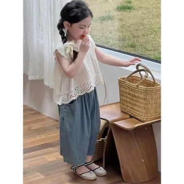 Bộ đồ Vest ren bé gái mùa hè phong cách Hàn Quốc, áo sơ mi + quần jean rộng, giảm giá, chỉ 194.148đ 2