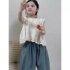 Bộ đồ Vest ren bé gái mùa hè phong cách Hàn Quốc, áo sơ mi + quần jean rộng, giảm giá, chỉ 194.148đ 3